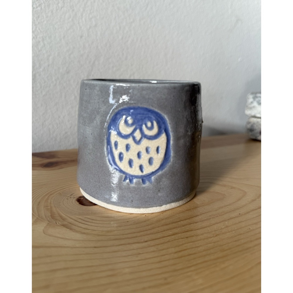 Vintage Cup Or Planter Handmade Pottery With Owl Design Gray Blue‎ Artist Signed